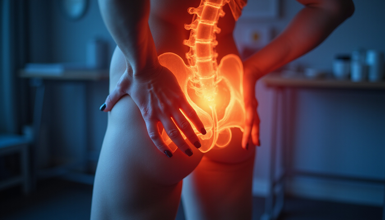  Anatomical overlay of glowing glute muscles, hands applying gentle pressure, calm clinical setting