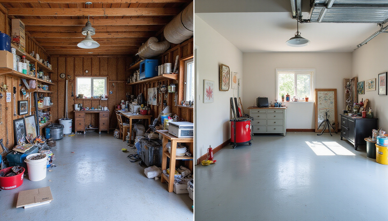 Before-and-after collage of cluttered garage transformed to spotless space, bold hashtags and like icons