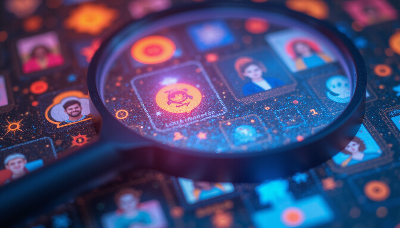  magnifying glass over social media profiles, floating tarot symbols, binary code, ethereal light