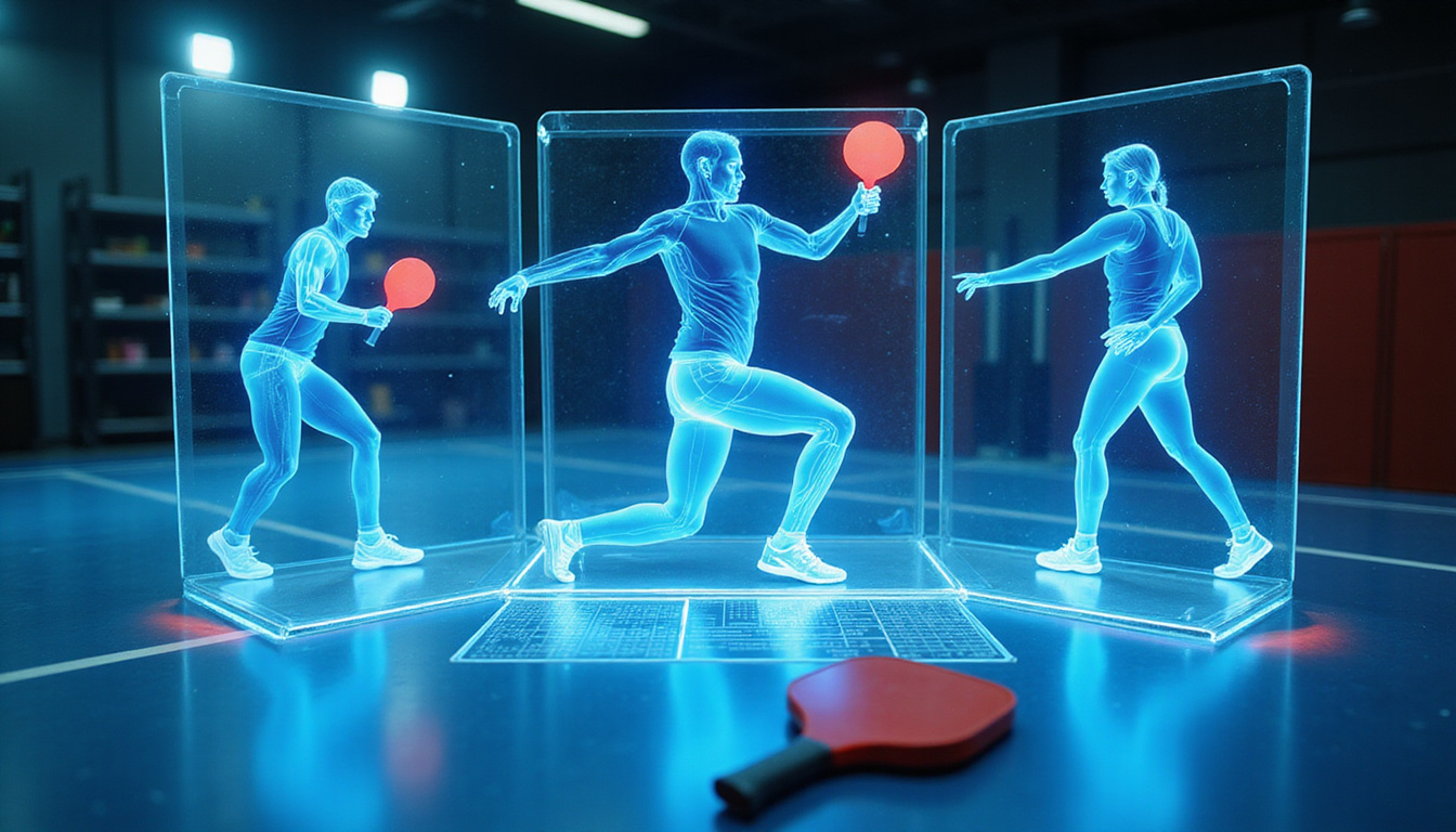  Futuristic virtual PT interface overlay with posture analysis, exercise cues, pickleball paddle nearby