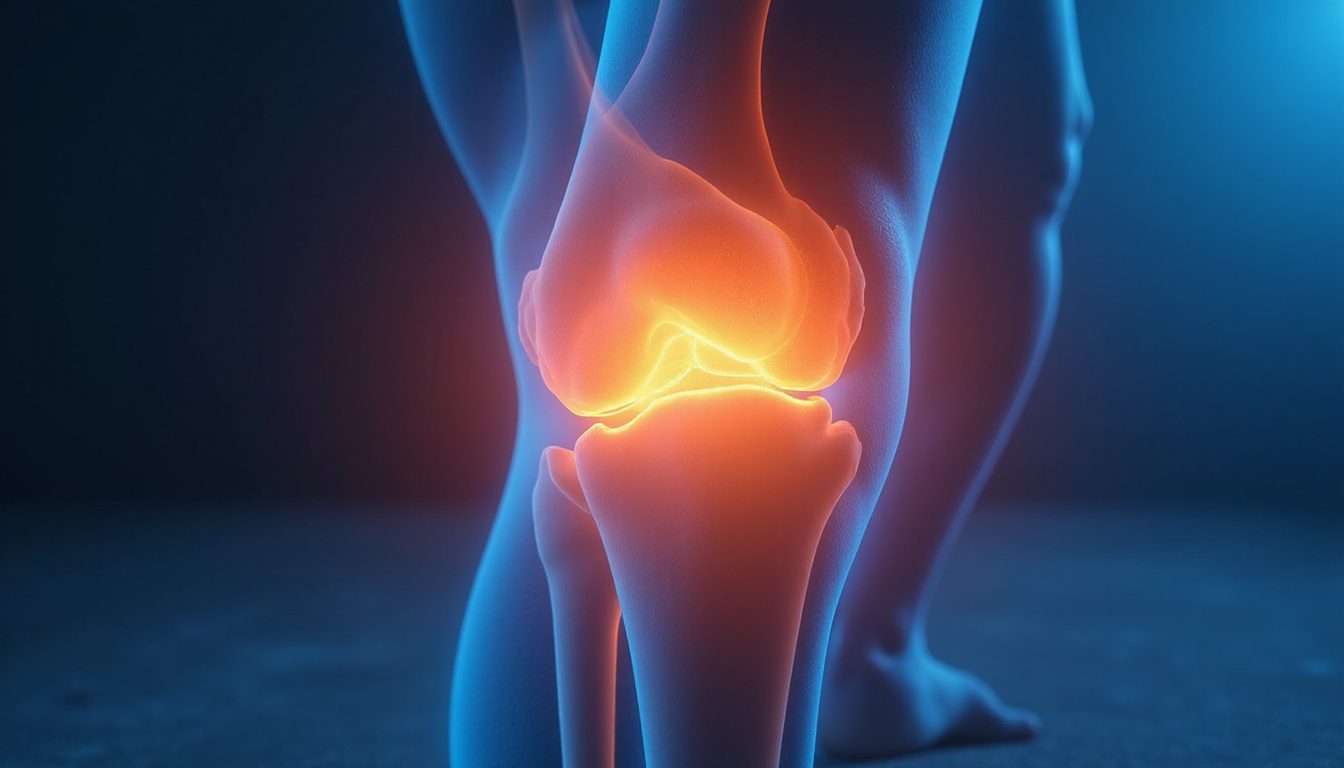  After Synvisc treatment, glowing knee joint illustration showing hyaluronic gel restoring cartilage, smiling patient walking