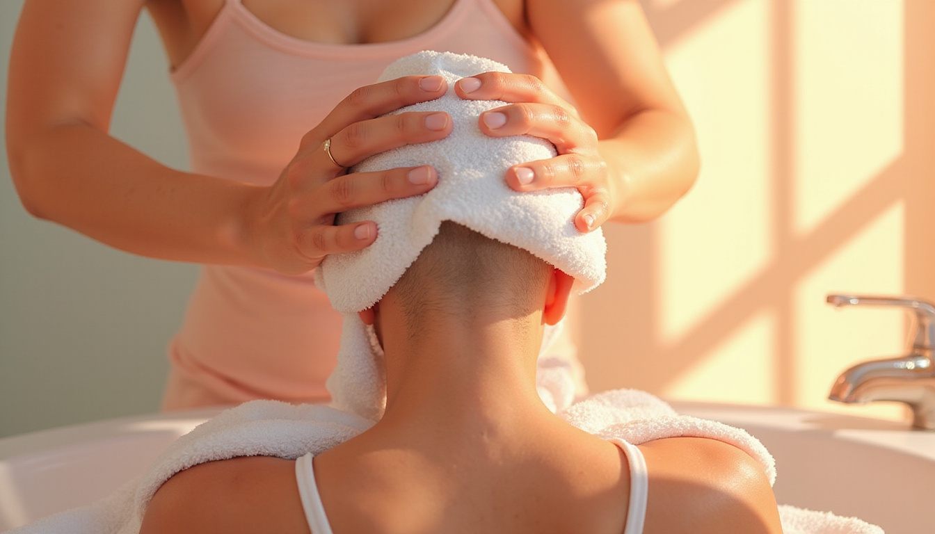  Soothing self-care scene: hands massaging scalp with mild shampoo, towel, mirror, warm bathroom light