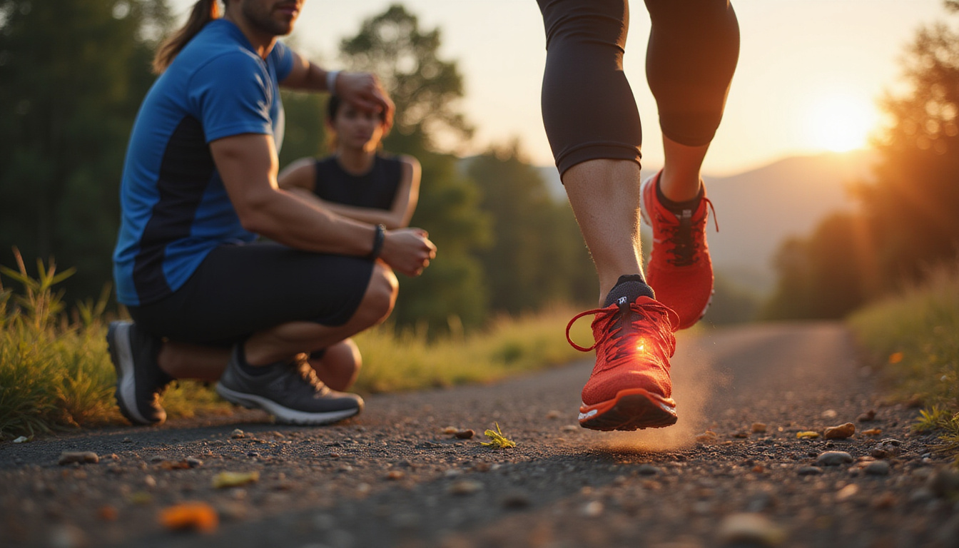  Runner mid-stride on trail, physiotherapist taping ankle in background, pace metrics glowing overlay