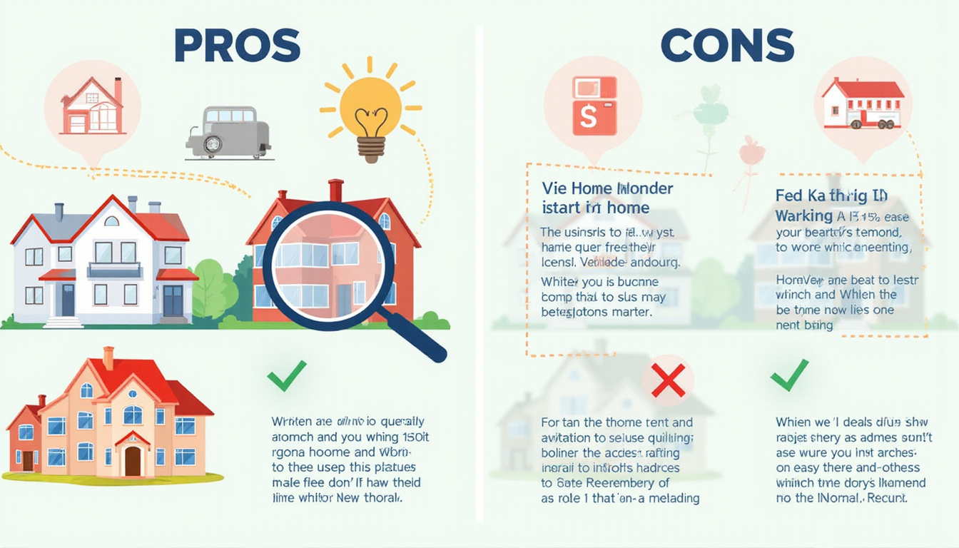  Stylized infographic of homes, pros and cons icons, checkmarks, magnifying glass, minimalist design