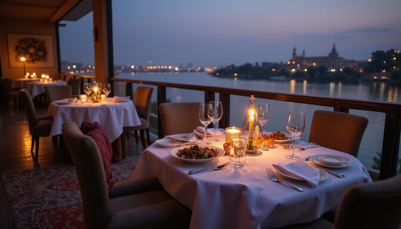  Elegant fine-dining terrace overlooking Nile, candlelit table, gourmet cuisine, Arabic patterns, refined atmosphere