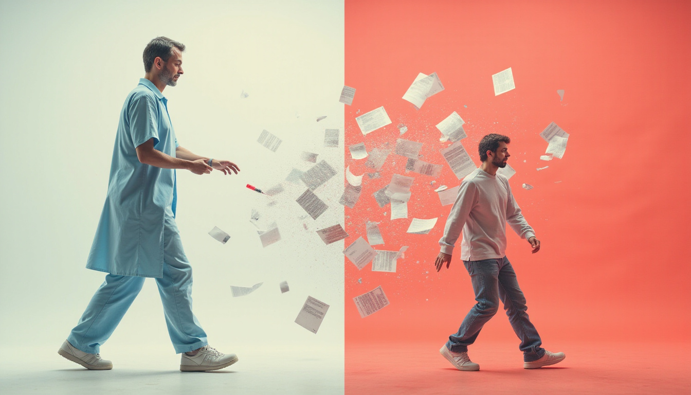  Split-image: patient walking freely after injection versus placebo-bound limp, medical papers swirling