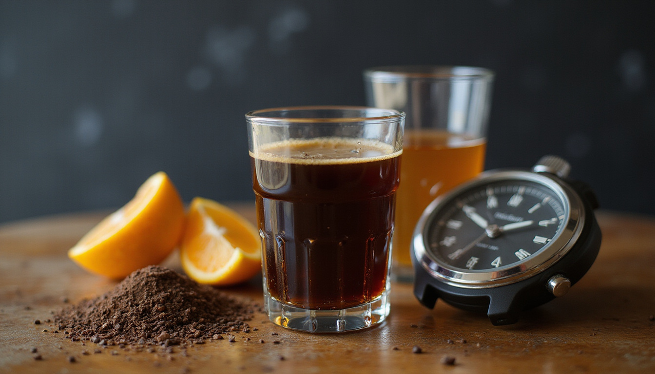  Close-up ketogenic preworkout setup: MCT oil, espresso shot, stopwatch, glowing muscle recovery