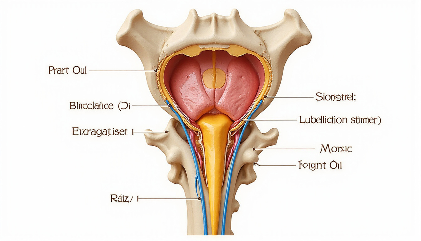  High-detail anatomical cross-section: swollen sciatic nerve entrapment near vertebral root, color-coded labels