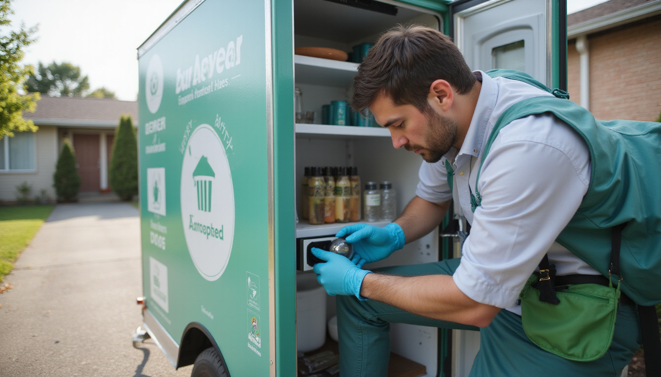  Technician unplugging refrigerator wearing gloves, safety labels, instructional icons, eco-truck, clean suburban driveway