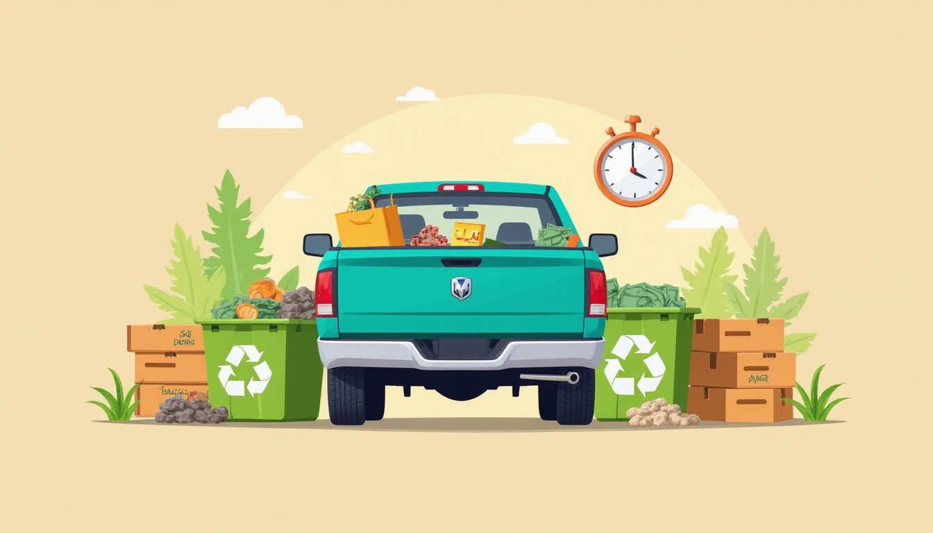  Eco-friendly pickup scene: labeled recycling bins, donation boxes, stopwatch and cash saving icons