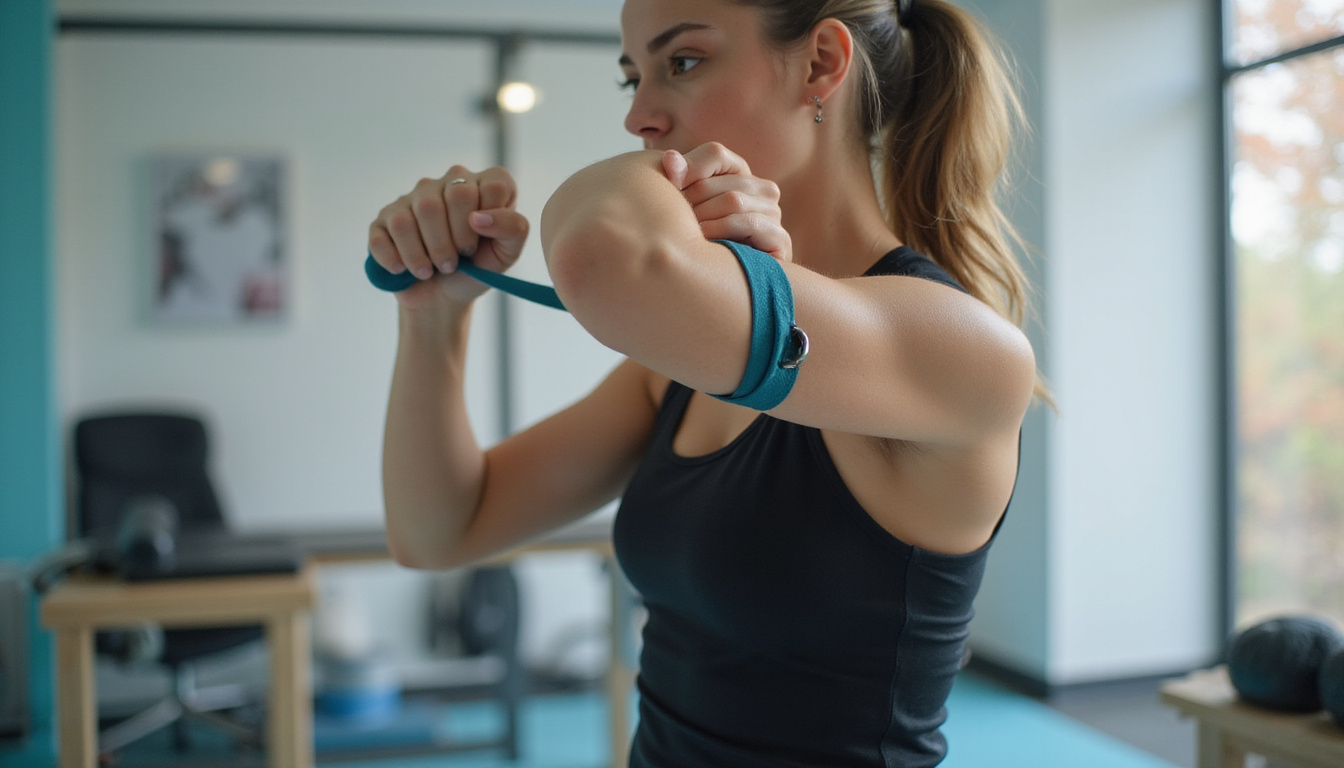  Close-up of athlete performing shoulder rotator cuff exercises with resistance band, clinic setting