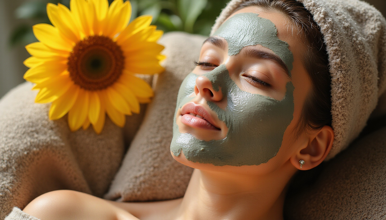  Natural spa scene: clay mask, emu feathers, native wildflowers, soft morning light, dewy complexions