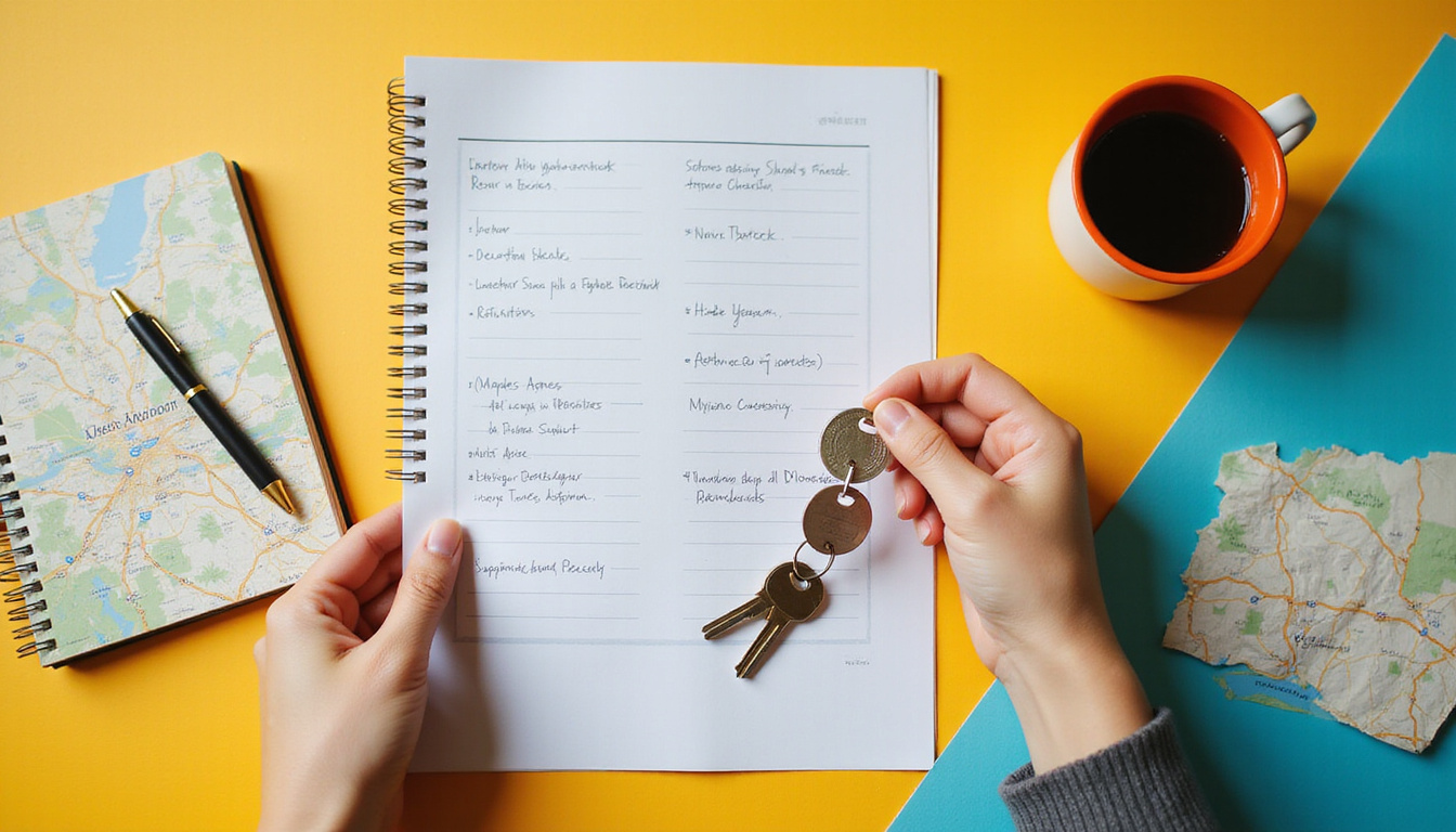  Close-up hands holding keys and rental checklist, neighborhood map, coffee, notebook visible
