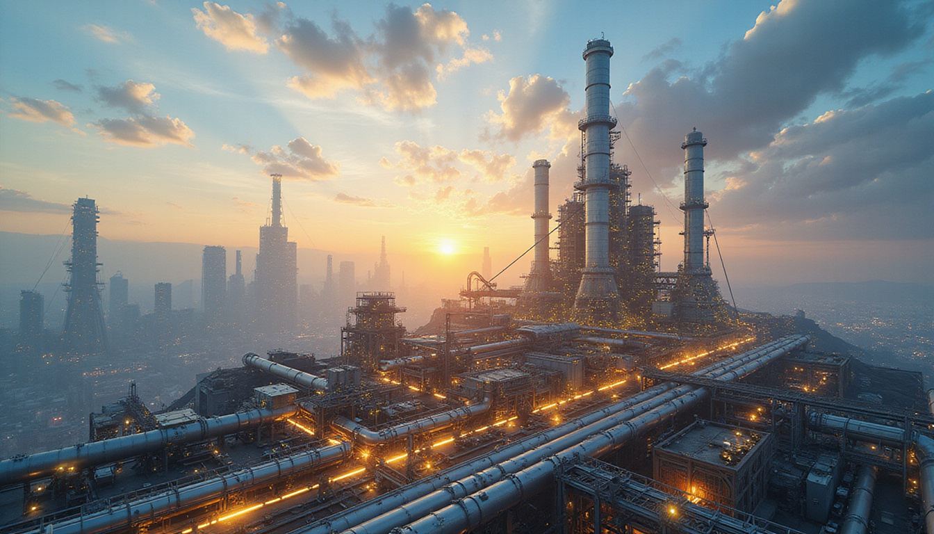  Futuristic factory of ideas, pipelines transforming data into gold, efficiency metrics rising like skyscrapers