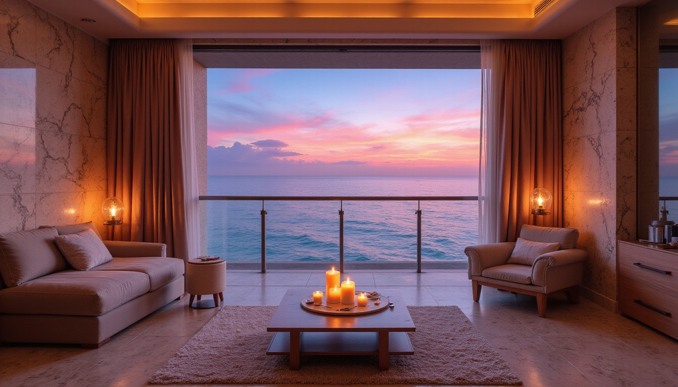  Opulent ocean-view suite terrace, marble interiors, flowing silk curtains, candlelit dinner, vivid coral waters
