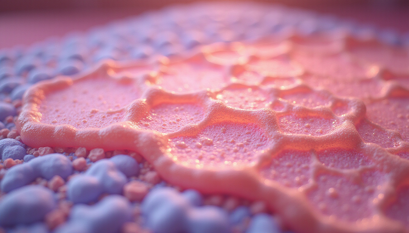  Futuristic biomedical illustration: hyaluronic acid polymers restoring plump collagen matrix, luminous healthy skin