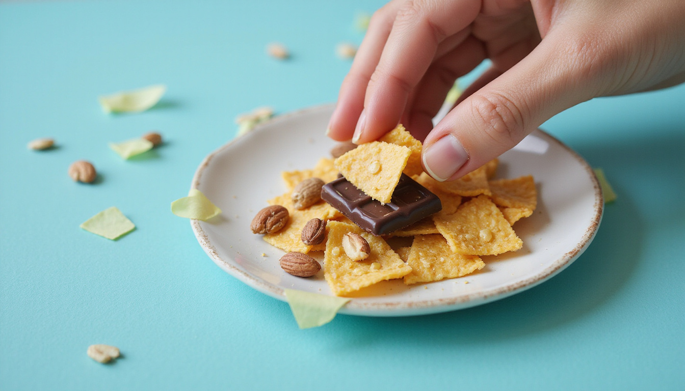  Hand arranging low-carb snacks: keto chocolate, nuts, cheese crisps, sticky notes craving hacks