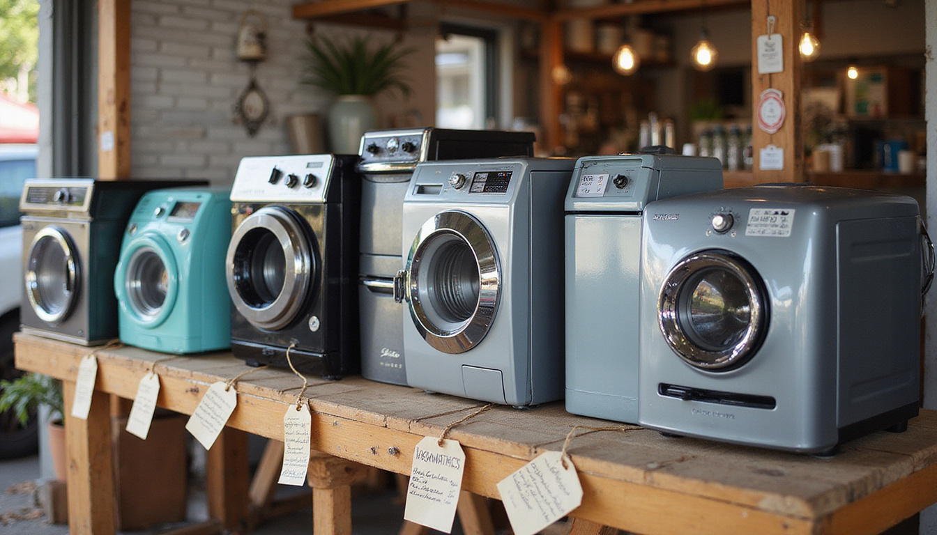  Shiny refurbished appliances displayed on wooden market table, price tags, cash register, entrepreneurial mood