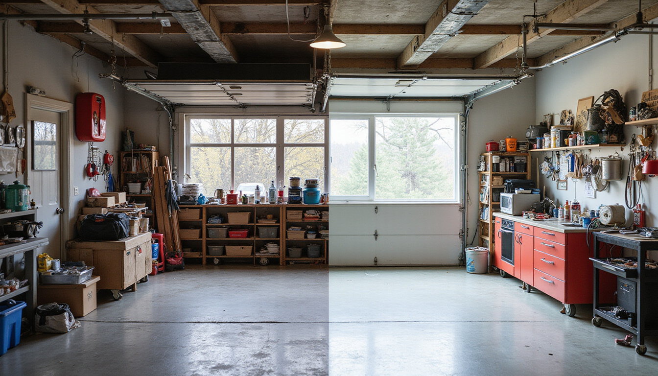 before-and-after split image of chaotic garage transformed into pristine organized space, labeled tips overlay