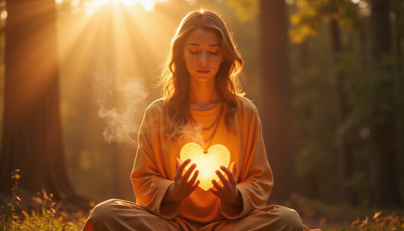  Saint-like maternal figure cradling a glowing heart, incense smoke, morning sunlight, devotional calm