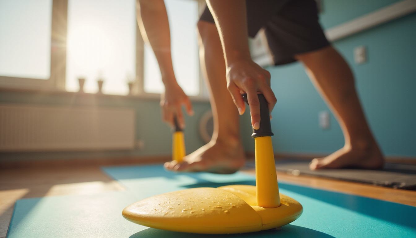  Close-up hands gripping adaptive paddle, therapist guiding footwork, motion blur, warm uplifting rehabilitation vibe