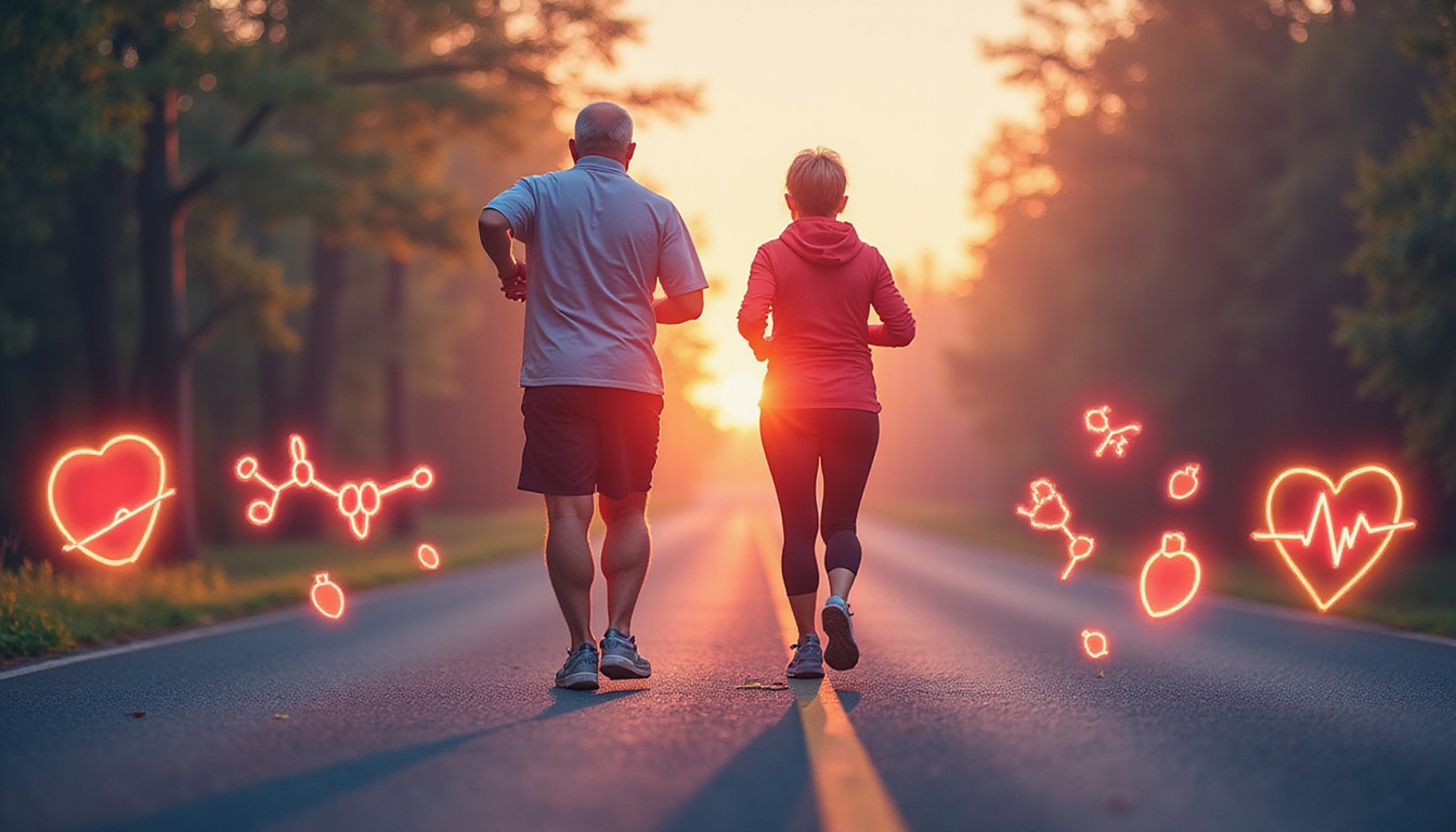  Elderly couple jogging, glowing heart icons, grape seed capsules and antioxidant molecules floating