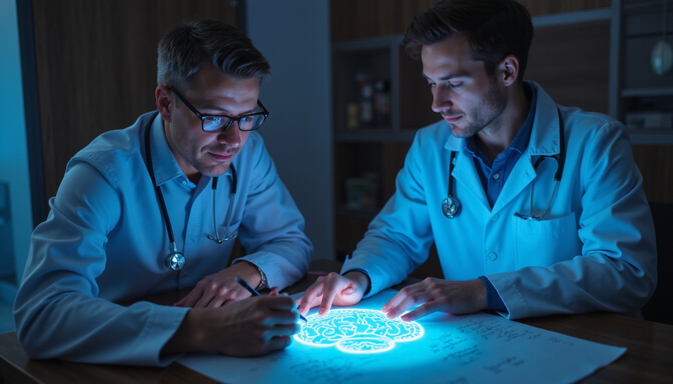  Clinician and patient studying glowing brain map, practical recovery steps written on parchment