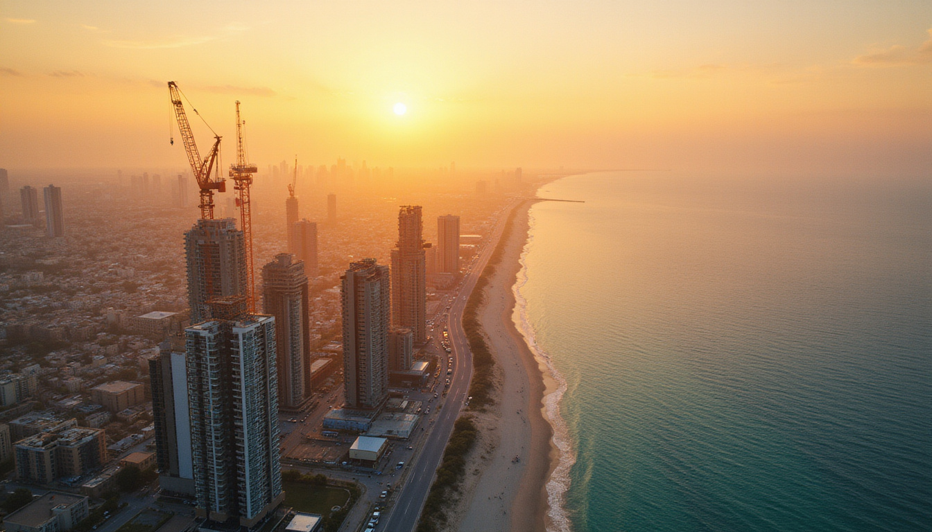  Aerial view of profitable coastal developments near Suez Canal, cranes, gleaming condos, golden sunset