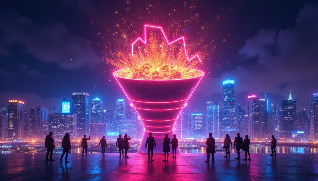  Neon sales funnel exploding into vibrant cityscape, ascending graphs and ecstatic customers celebrating