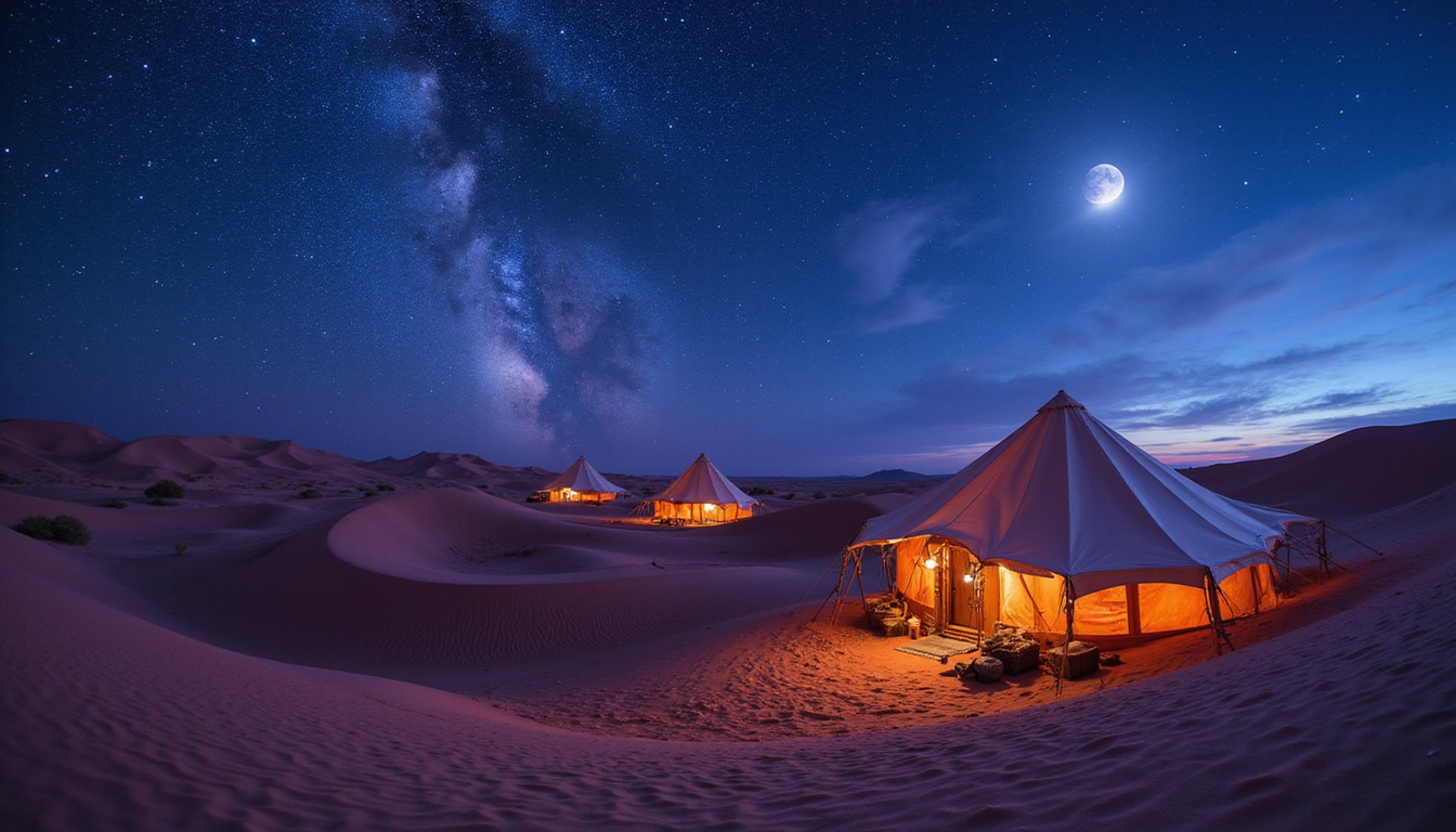  Hidden desert hideaway, luxury Bedouin tents among rolling dunes, star-filled sky, moonlit oasis
