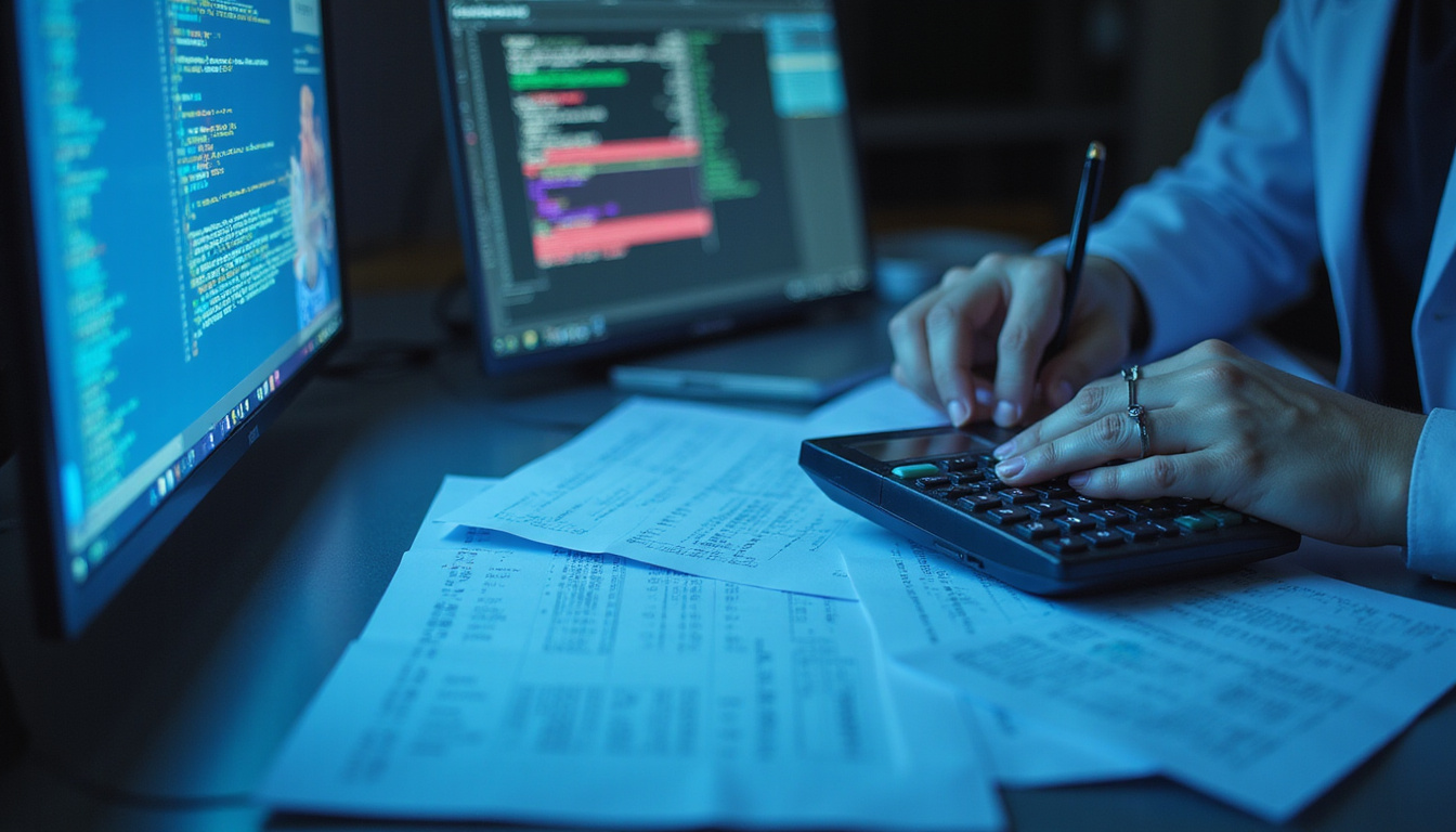  Medical coder analyzing billing forms, calculator, ICD codes, glowing EHR screen, focused lighting