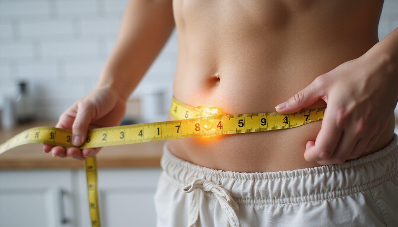  Slim waist tape measure beside melting fat visualized as glowing droplets, nutrition labels, minimalist kitchen