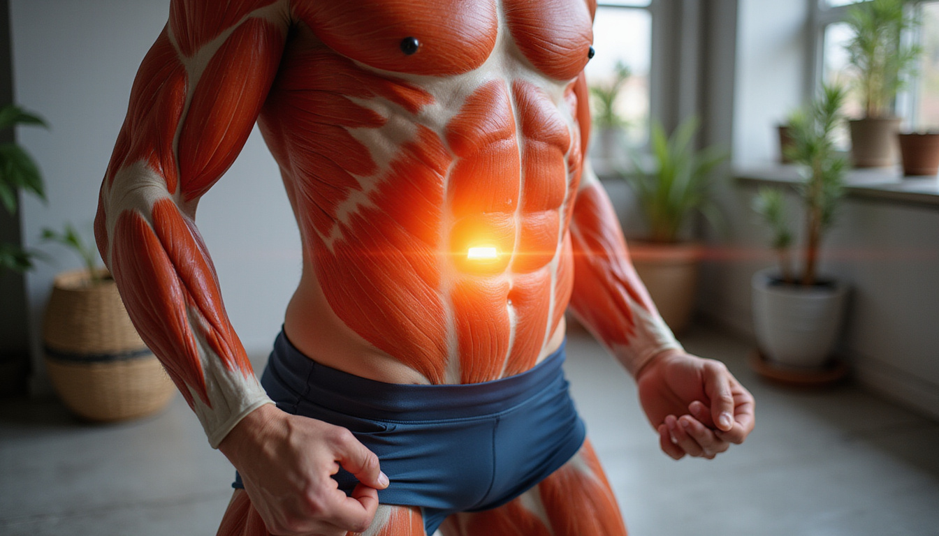  Close-up of core muscles activating, illustrated biomechanics overlay, hands-on cueing, warm studio lighting