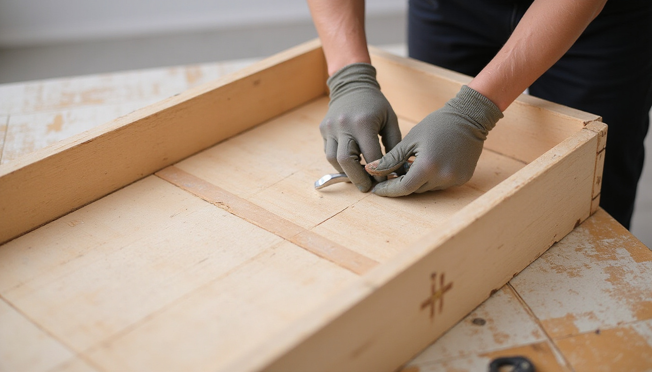  DIY tutorial scene: person disassembling wooden box spring frame with wrench, safety gloves, checklist overlay