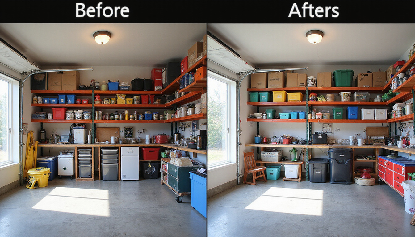 Before-and-after messy to tidy garage, efficient shelving, color-coded boxes, cheerful organized space