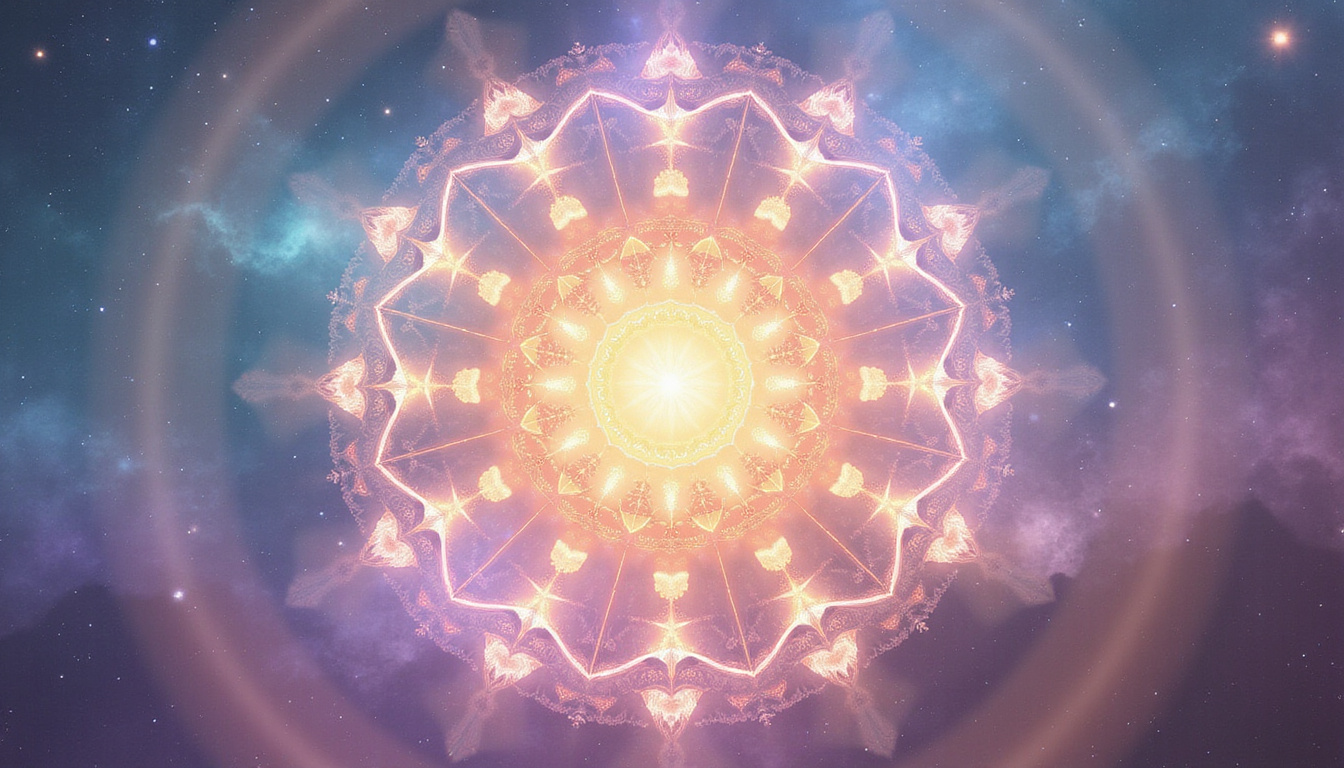  Ancient luminous script spiraling through chakra centers, soft pastel nebula background, sacred geometry