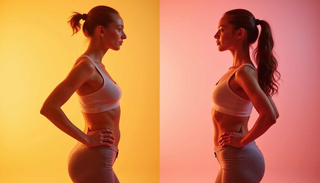  Physical therapist correcting posture, warm studio light, before-and-after split, pain-free confident movement
