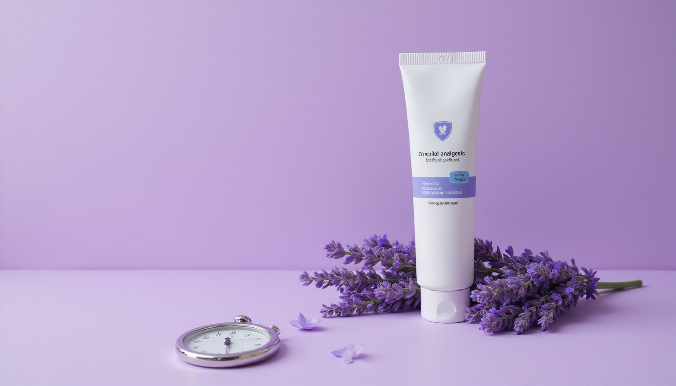  Informative medical still life: topical analgesic tube, lavender, shield icon, stopwatch indicating fast action