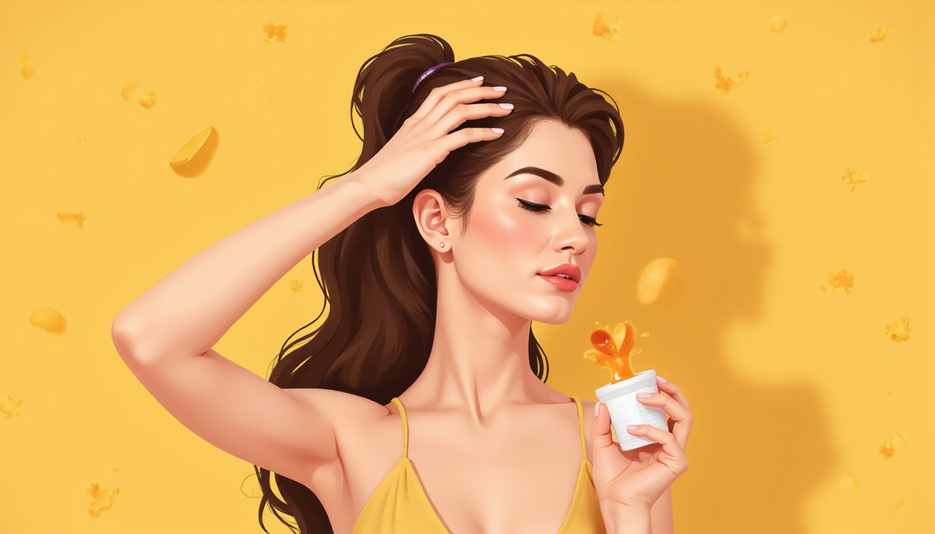  Woman massaging scalp with oil, vitamins, healthy diet icons, calm clinical warm lighting