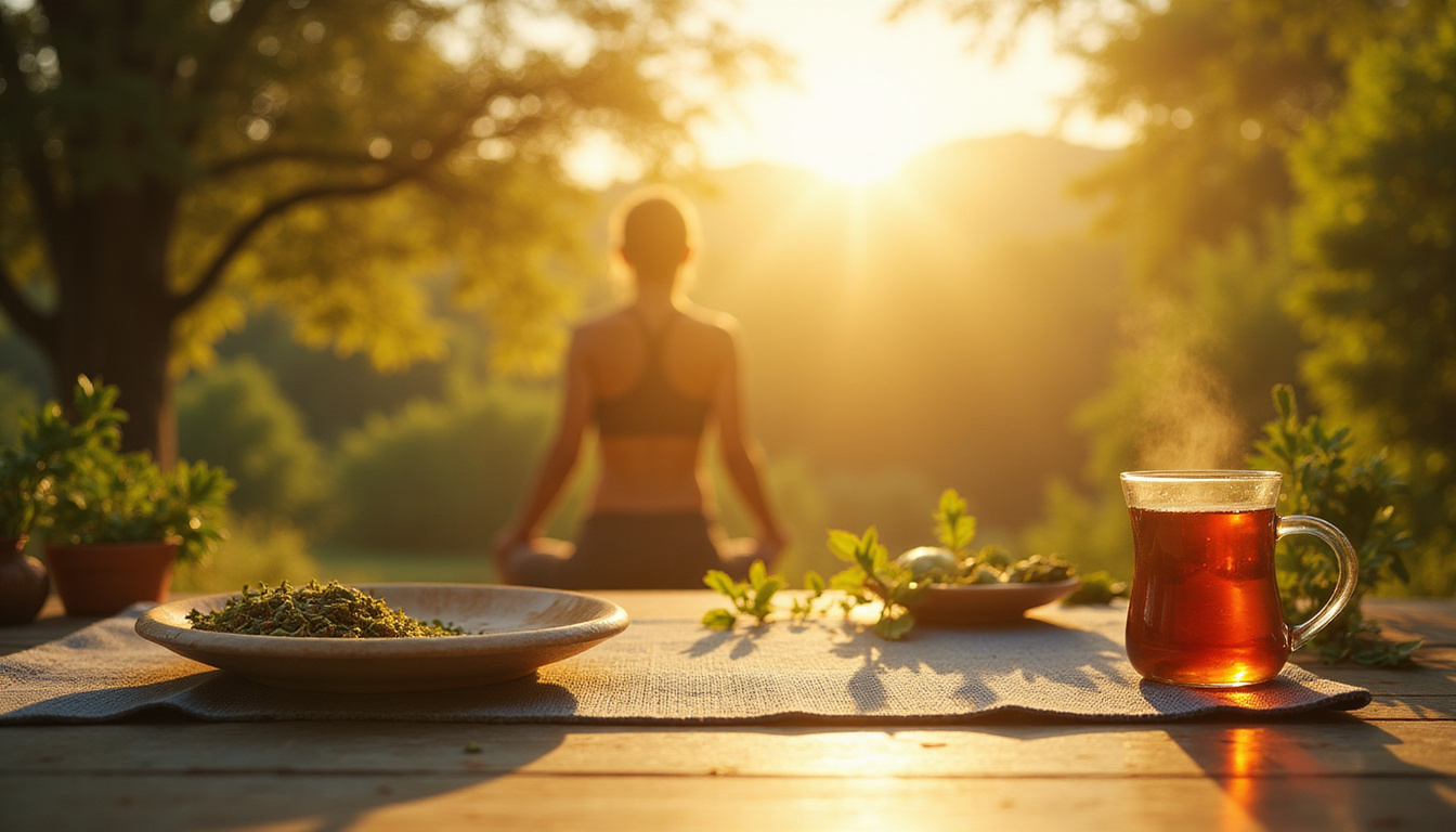  sunlit wellness scene with herbs tea yoga mat balanced plate restorative sleep natural remedies healing