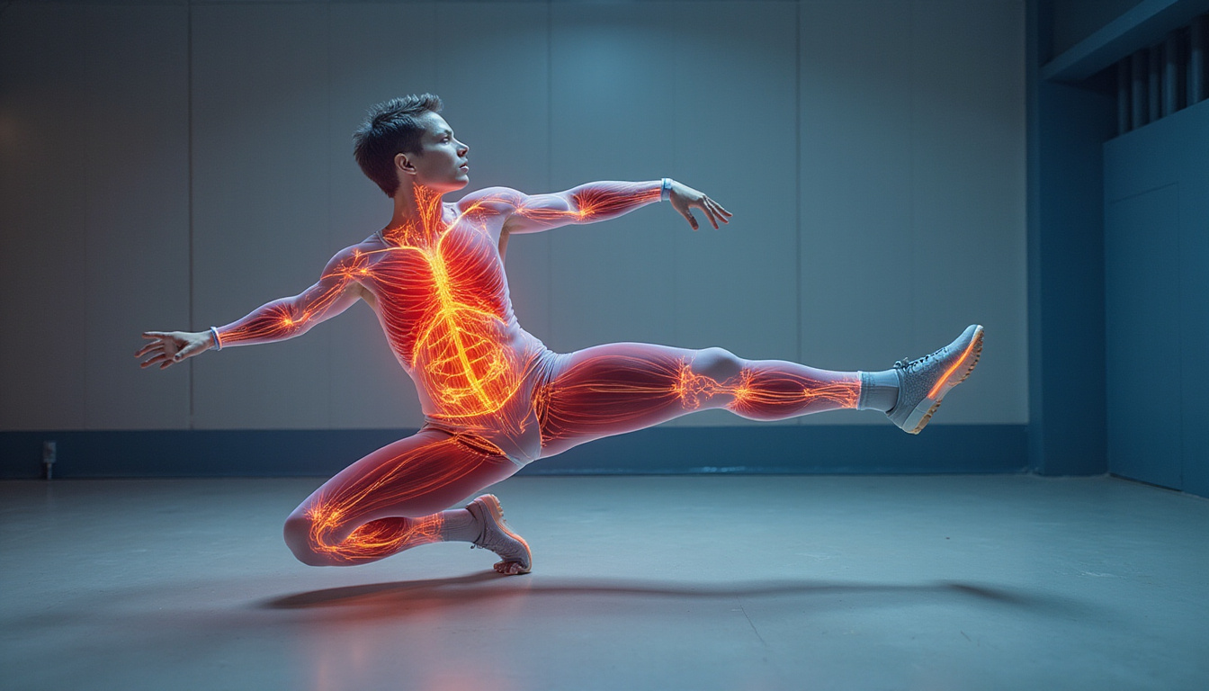  Athlete performing single-leg stability exercise with anatomical muscle overlay, dynamic motion blur, clinical setting