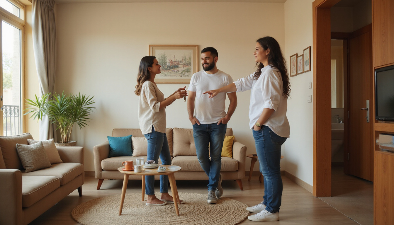 Young couple inspecting modest furnished apartment, landlord handing keys, Arabic signage, warm natural light