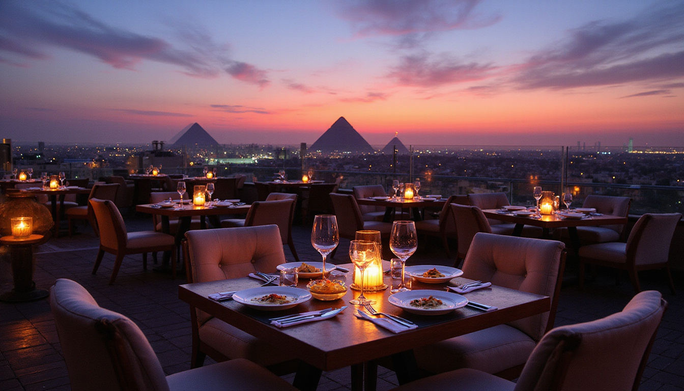  Rooftop gourmet dining at dusk, Michelin-style dishes, candlelit tables, Cairo skyline and pyramids silhouette