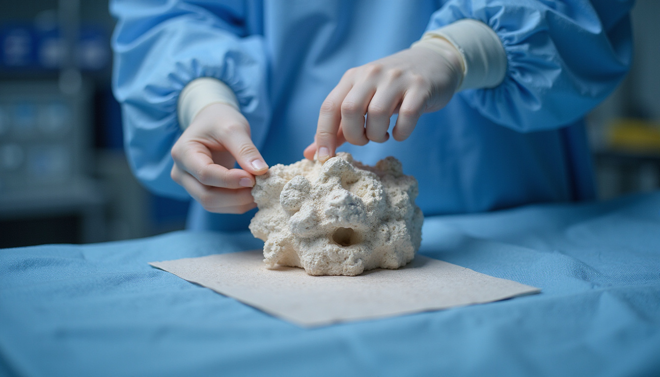  Surgeon placing 3D printed porous titanium scaffold, soft tissue melding, sterile clinical light