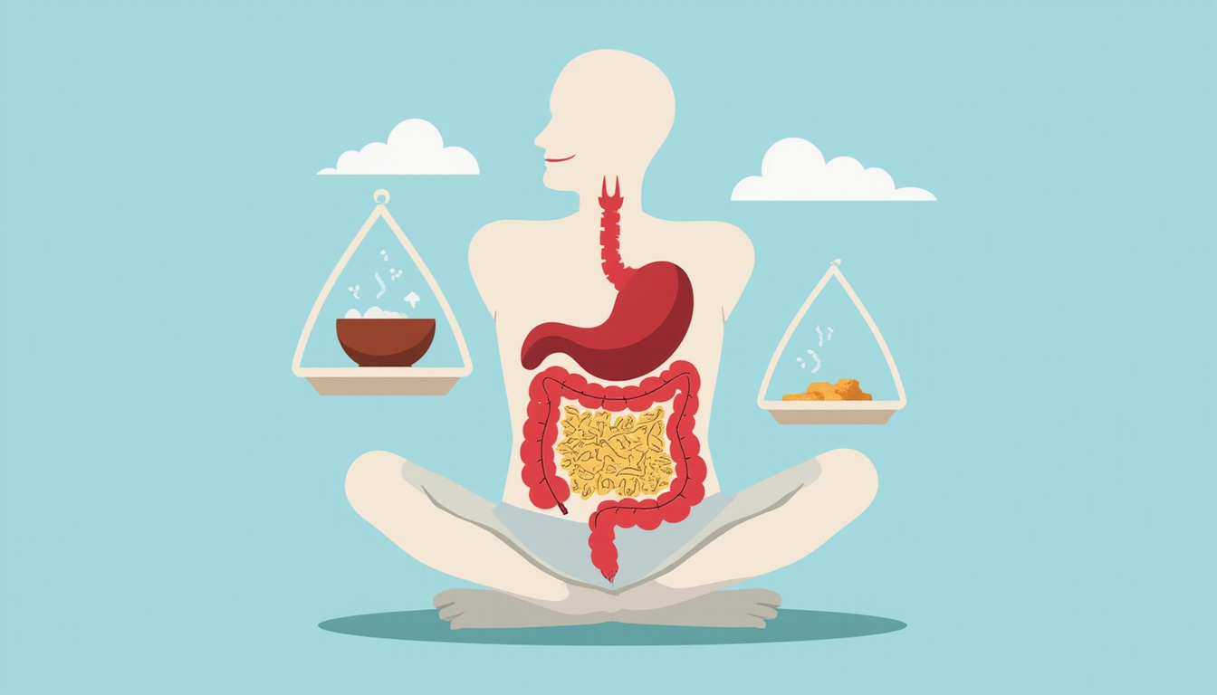  Glowing gut microbiome illustration, balanced scales symbolizing stable blood sugar, satisfied calm person