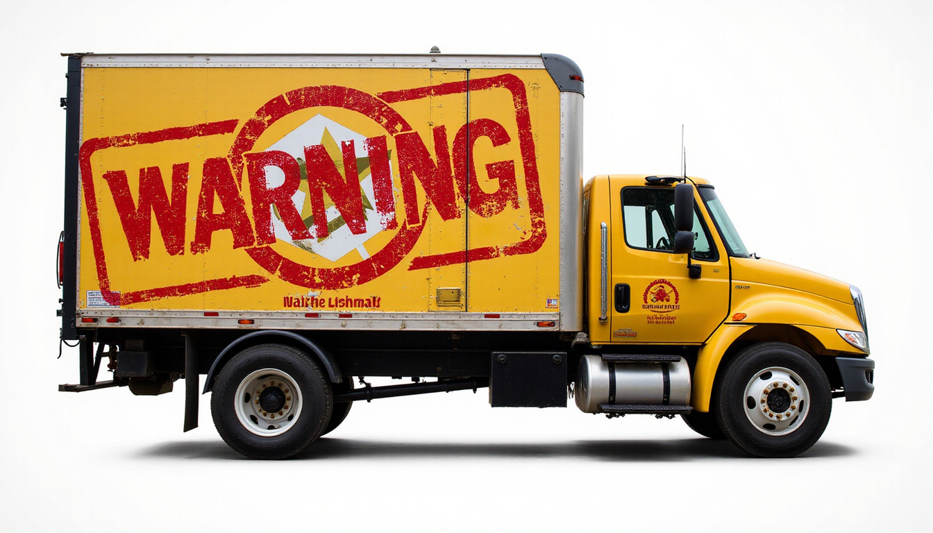 Suspicious junk removal truck with shady logo, crossed red warning stamp, fraud alert icons