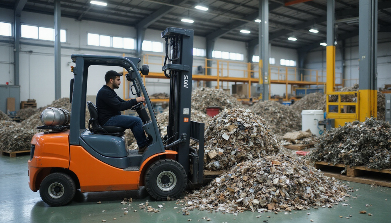  Forklift operator swiftly sorting recyclable scrap, digital cost-savings HUD, tidy cleared factory floor