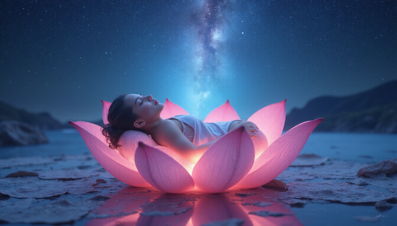  Sleeping figure on lotus, mirror dream self rising, kaleidoscopic night sky, tranquil aura