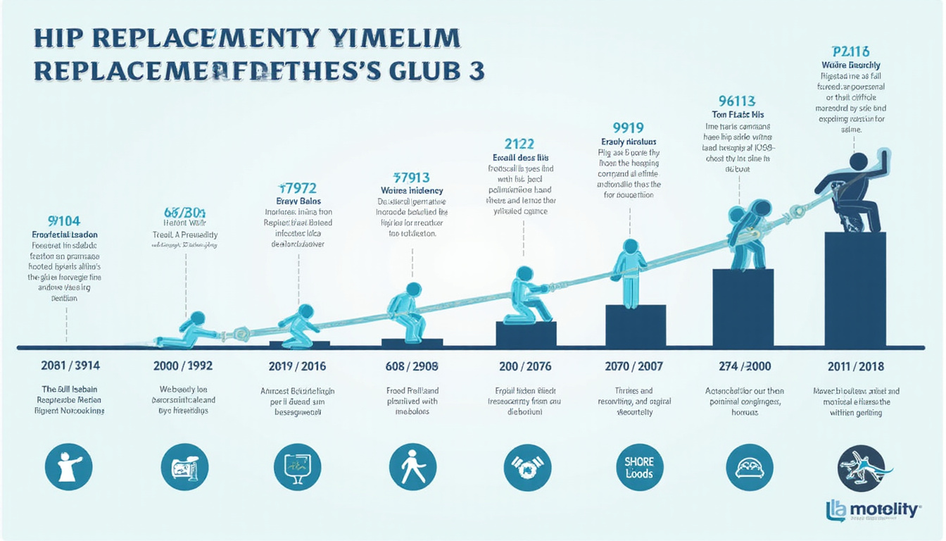  Infographic-style timeline of hip replacement recovery plan, progressive mobility milestones, icons, clean design