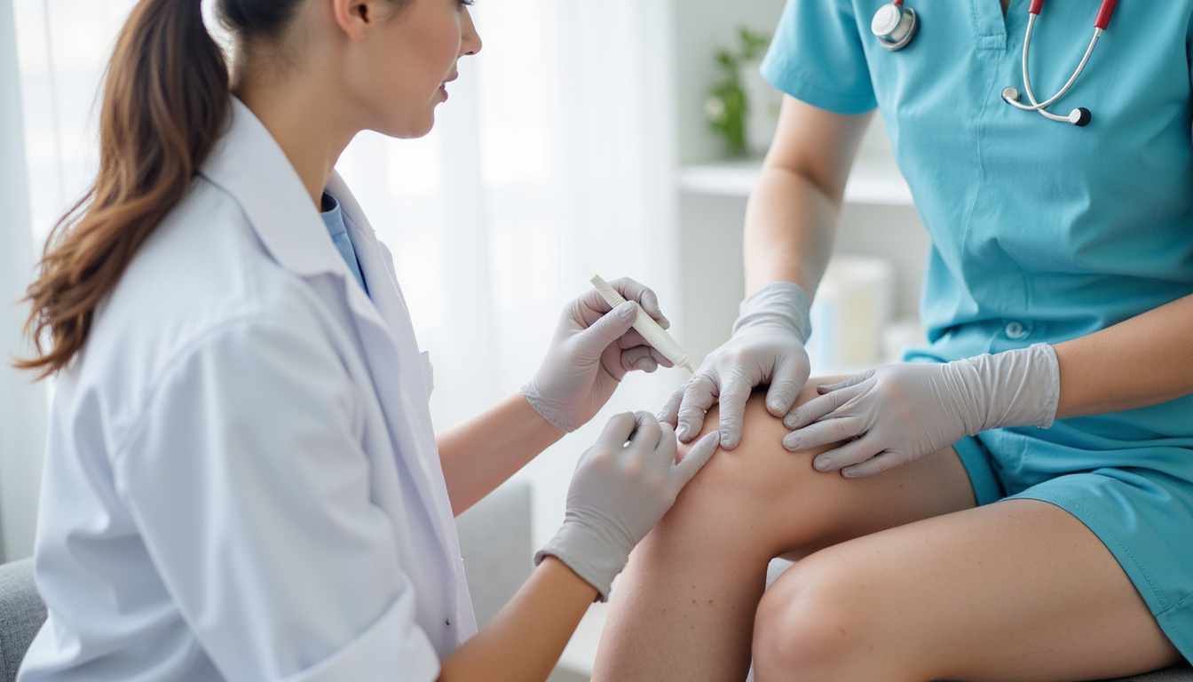  Patient applying topical gel to knee, pharmacist advising safety tips, patch test infographic overlay